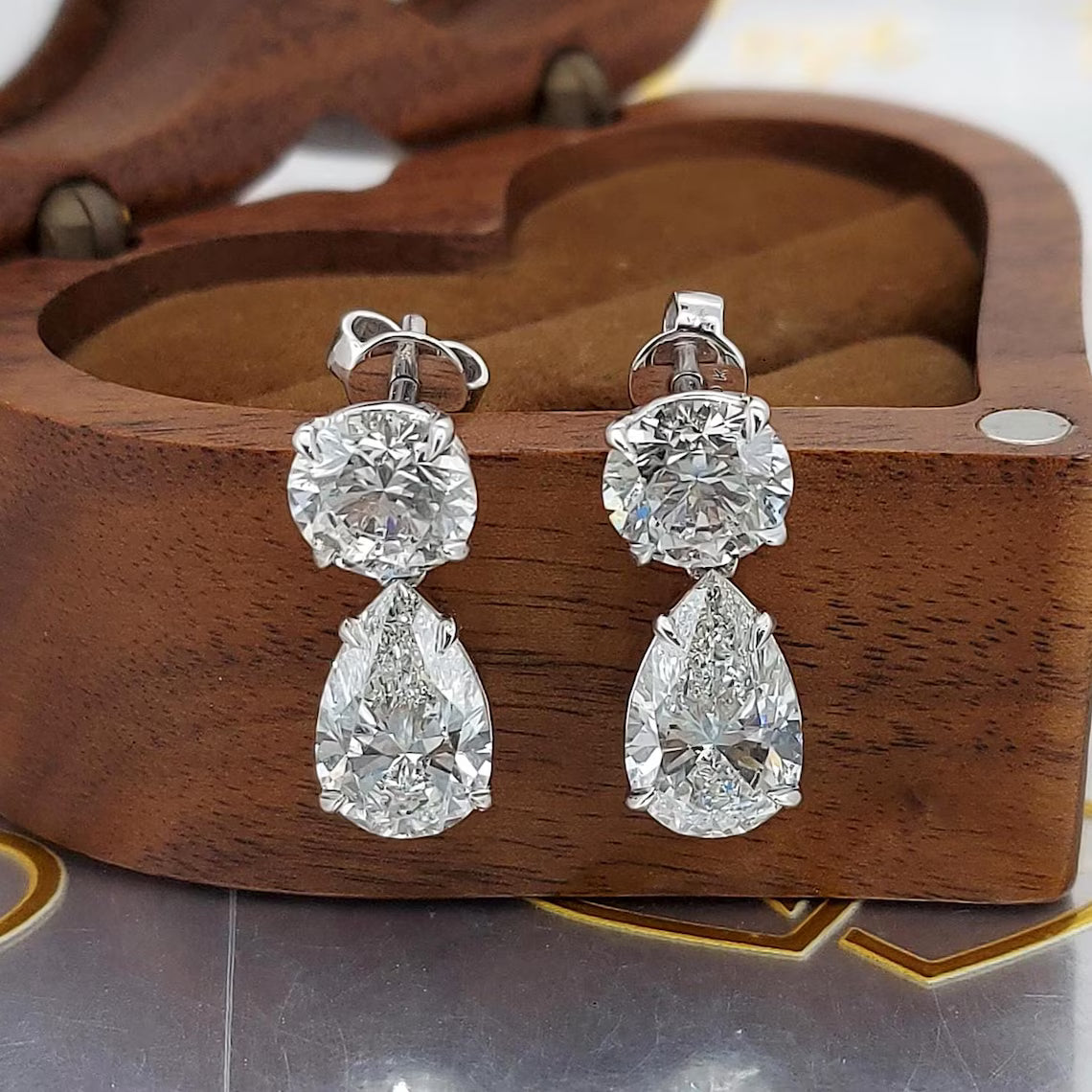 6 carat total weight E color VVS2 Clarity IGI Certified Round and Pear Cut Lab Grown Diamond Earrings, 14k white Gold, Perfect Gift for Her.