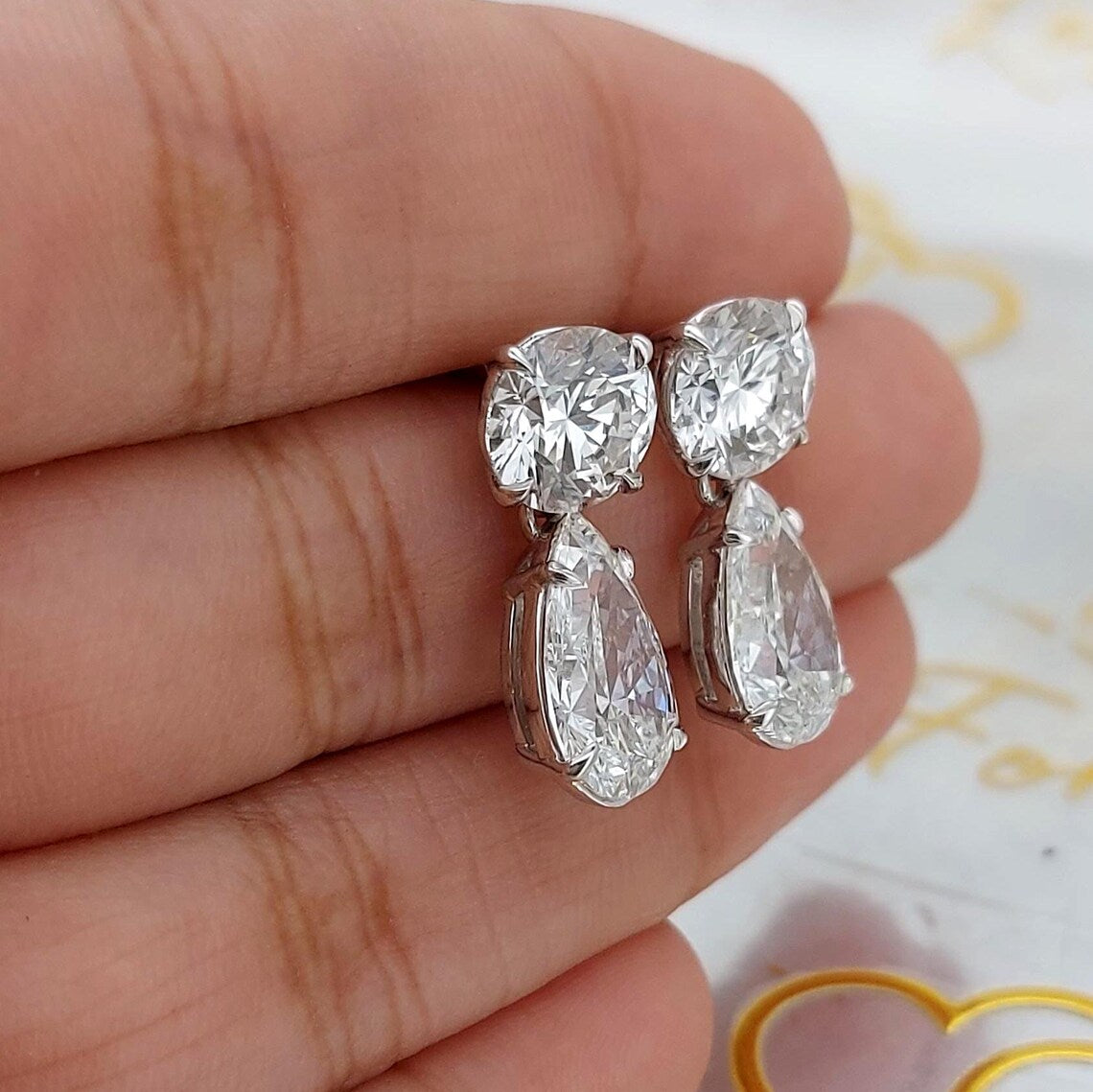 6 carat total weight E color VVS2 Clarity IGI Certified Round and Pear Cut Lab Grown Diamond Earrings, 14k white Gold, Perfect Gift for Her.