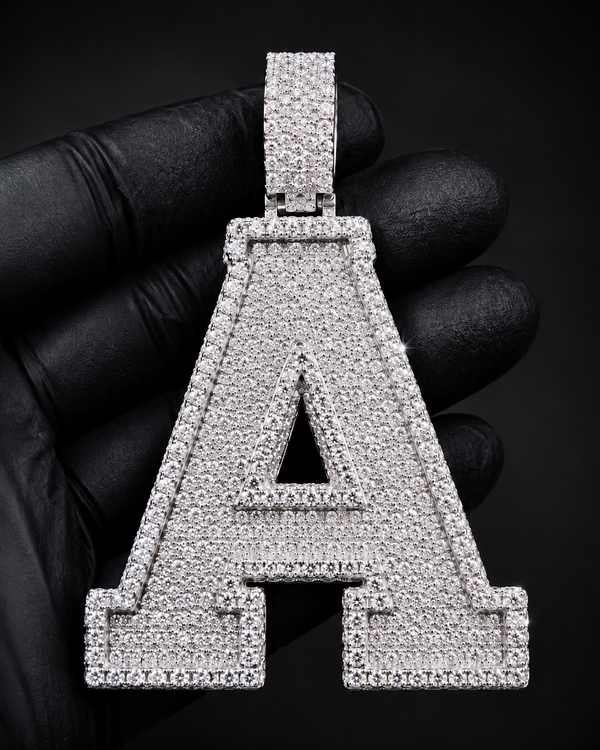 Custom Initial Pendant in 925 Sterling Silver with VVS Moissanite – Iced-Out Personalized A Letter Pendant