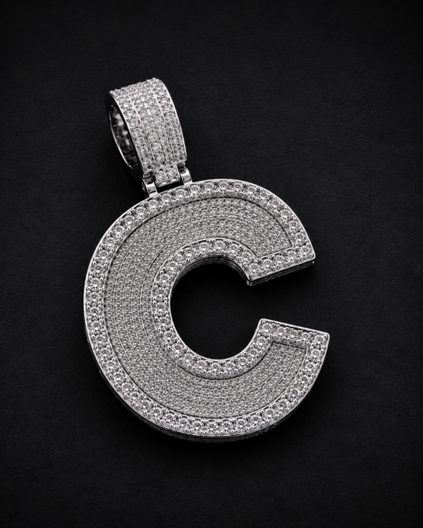 Custom Initial Pendant in 925 Sterling Silver with VVS Moissanite – Iced-Out Personalized C Letter Pendant