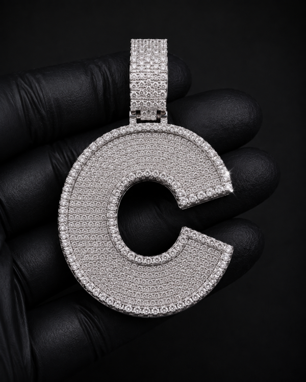 Custom Initial Pendant in 925 Sterling Silver with VVS Moissanite – Iced-Out Personalized C Letter Pendant