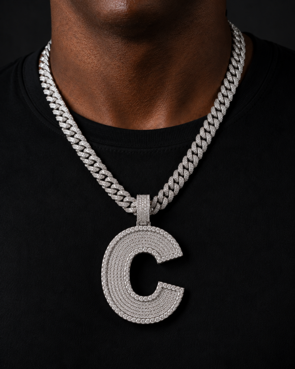 Custom Initial Pendant in 925 Sterling Silver with VVS Moissanite – Iced-Out Personalized C Letter Pendant