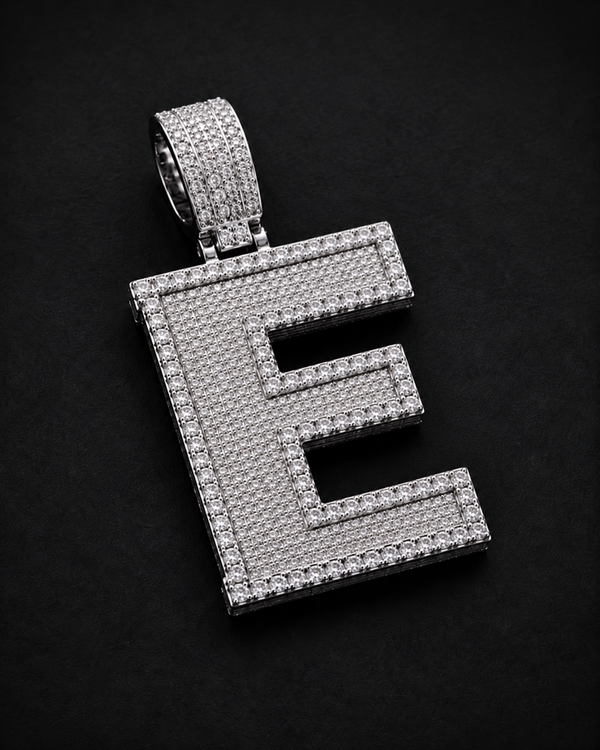 Custom Initial Pendant in 925 Sterling Silver with VVS Moissanite – Iced-Out Personalized E Letter Pendant (Copy)