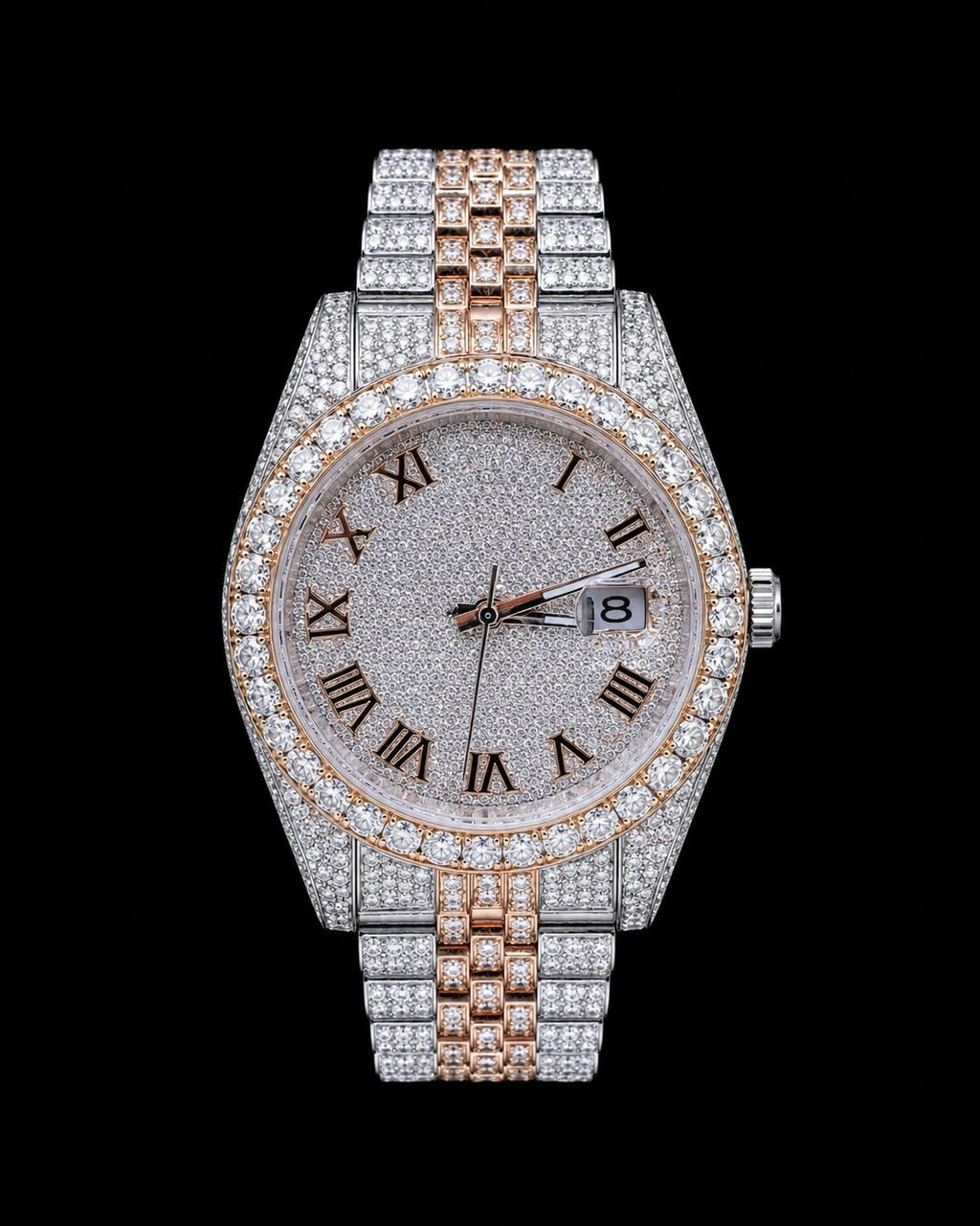 Two-Tone VVS Moissanite Iced-Out Watch | Rose Gold & Silver Roman Dial