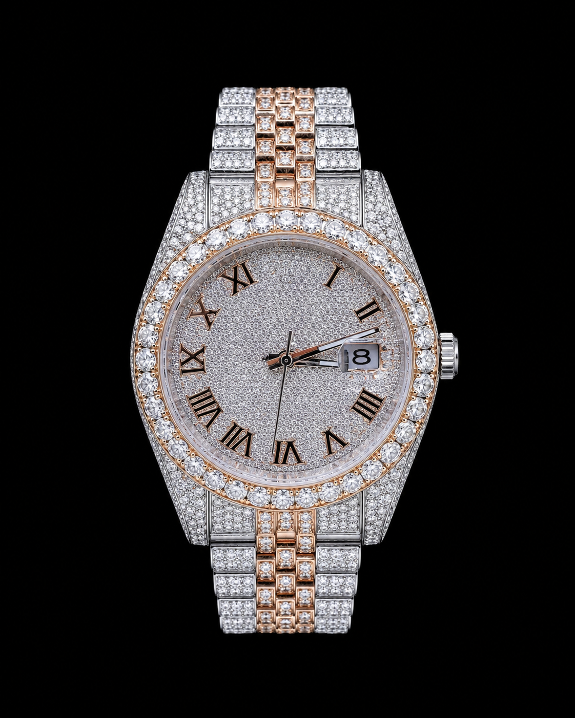 Two-Tone VVS Moissanite Iced-Out Watch | Rose Gold & Silver Roman Dial