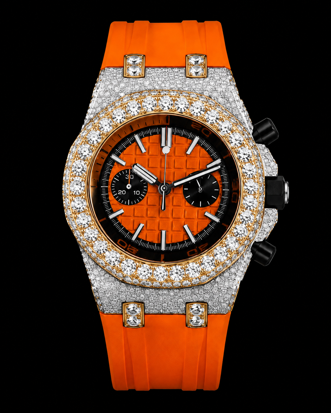 Orange VVS Moissanite Iced-Out Chronograph Watch | Rubber Strap