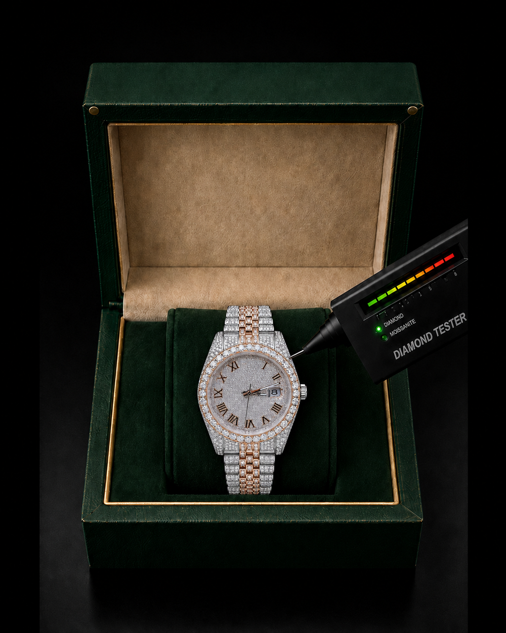 Two-Tone VVS Moissanite Iced-Out Watch | Rose Gold & Silver Roman Dial