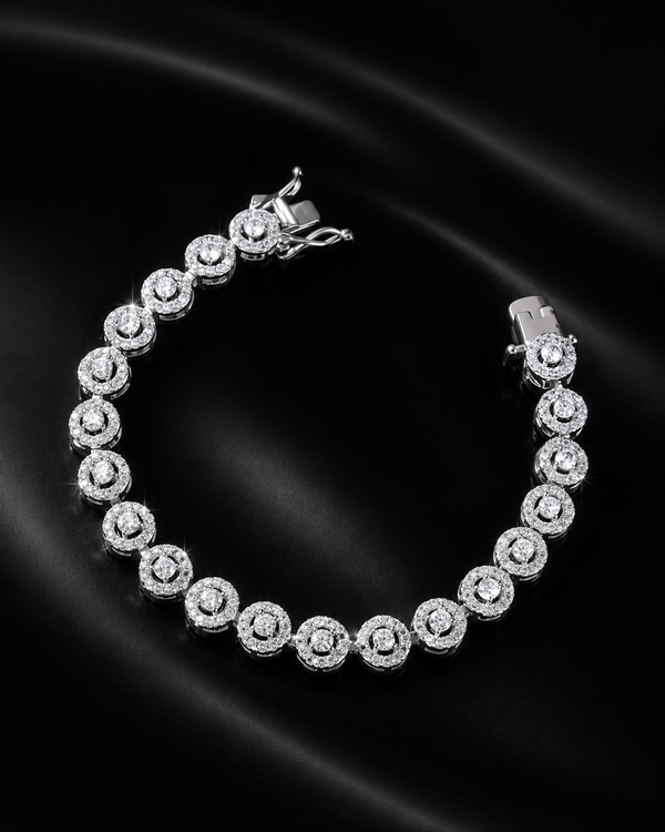Round Halo Moissanite Tennis Bracelet in 925 Sterling Silver
