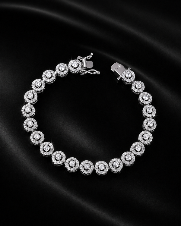 Round Halo Moissanite Tennis Bracelet in 925 Sterling Silver