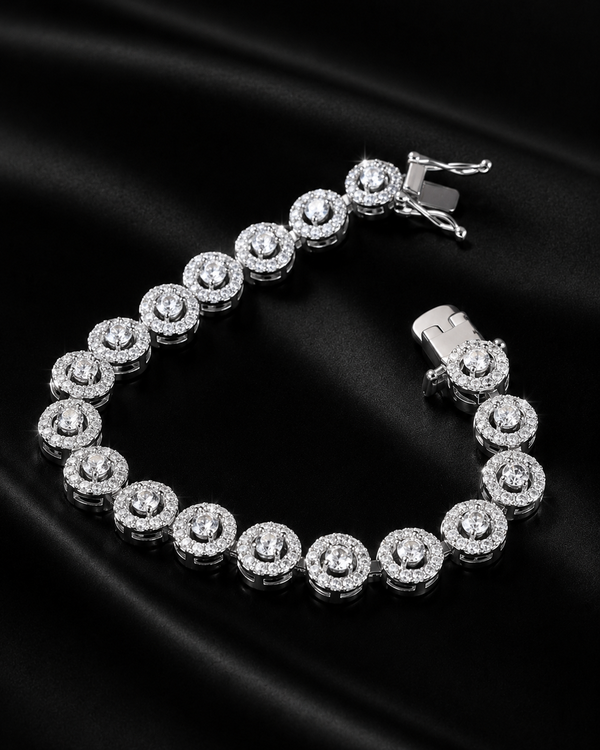 Round Halo Moissanite Tennis Bracelet in 925 Sterling Silver