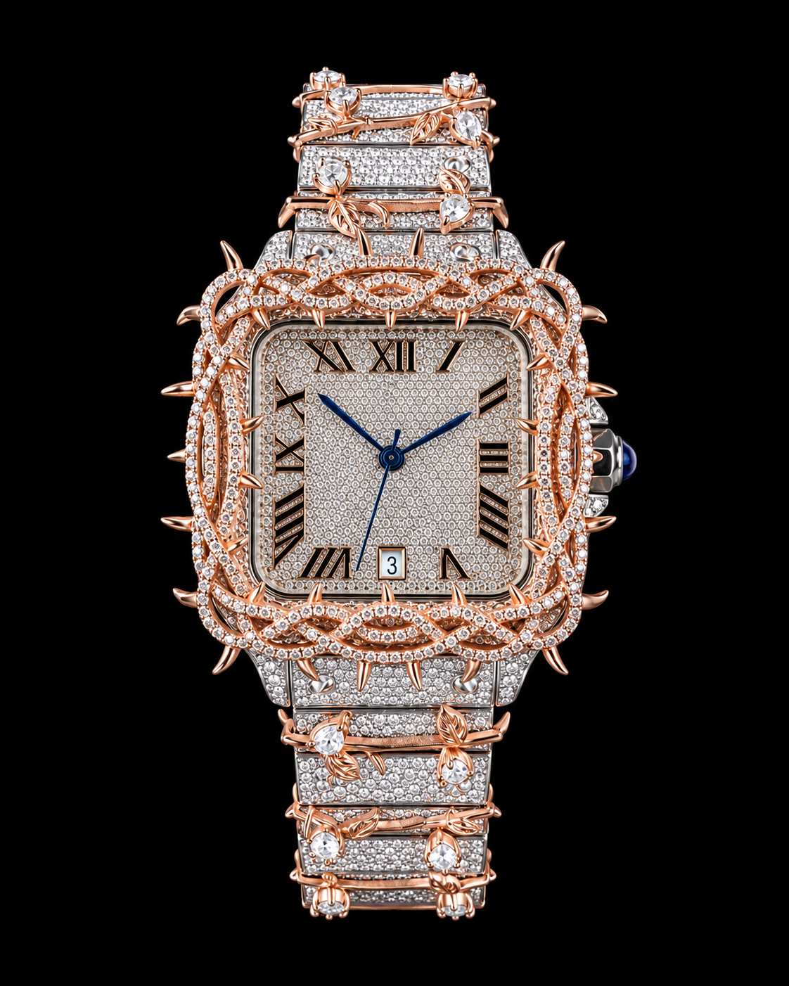 Rose Gold Thorn & Vine Fully Iced Moissanite Watch – Silver Two-Tone