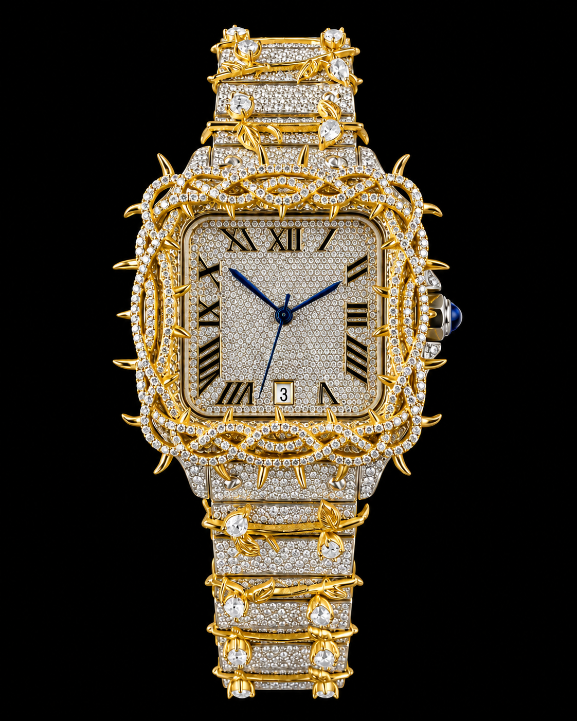 Royal Thorn & Vine Fully Iced Moissanite Watch – Two-Tone Gold & Silver
