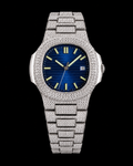 Blue Dial Fully Iced Moissanite Luxury Watch – Silver Finish