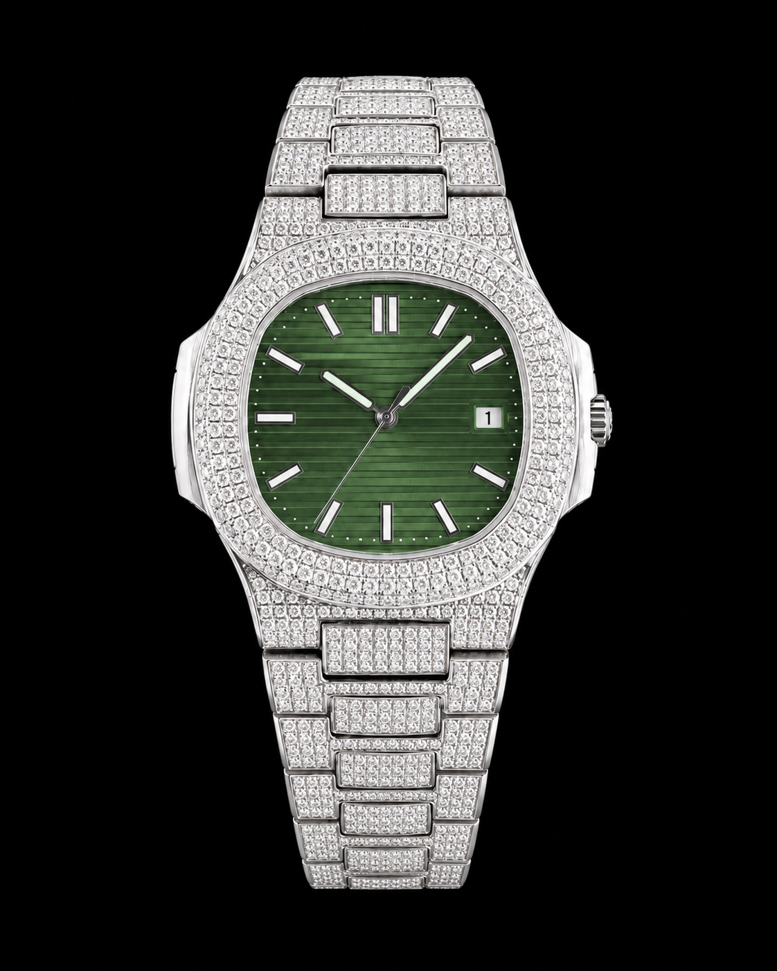 Green Dial Fully Iced Moissanite Luxury Watch – Silver Finish
