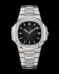 Black Dial Baguette Moissanite Bezel Luxury Watch – Silver Finish