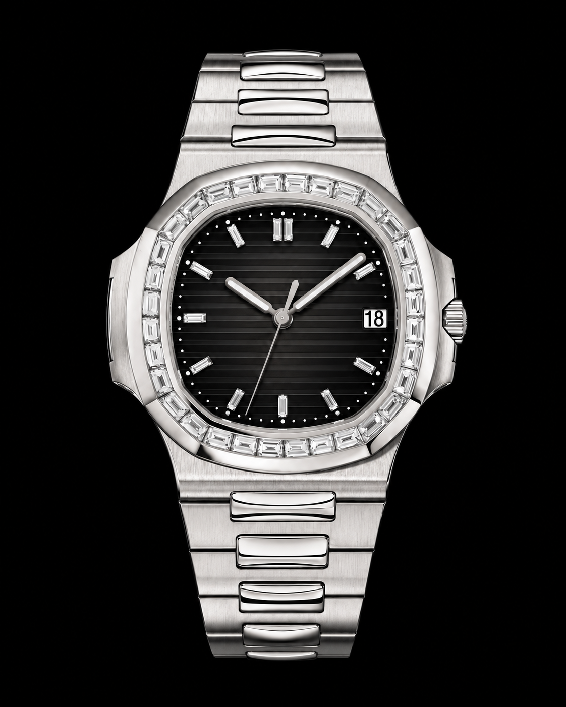 Black Dial Baguette Moissanite Bezel Luxury Watch – Silver Finish