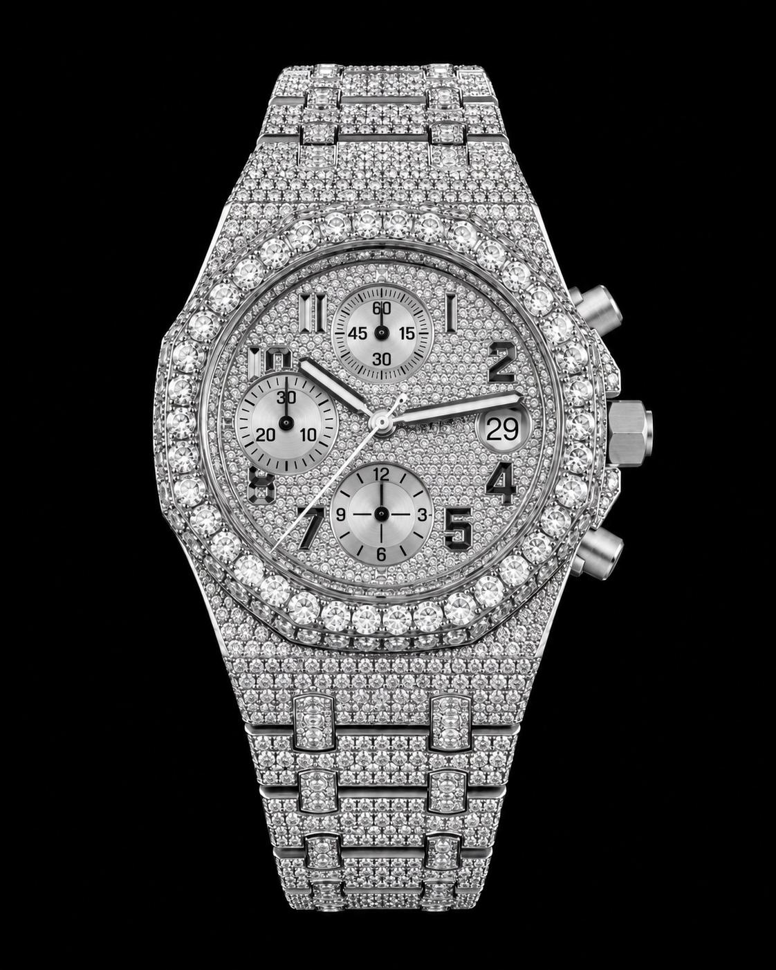Fully Iced-Out Moissanite Chronograph Watch – Silver Pavé Dial