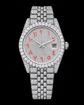 Red Arabic Dial Fully Iced-Out Moissanite Watch – Silver Finish