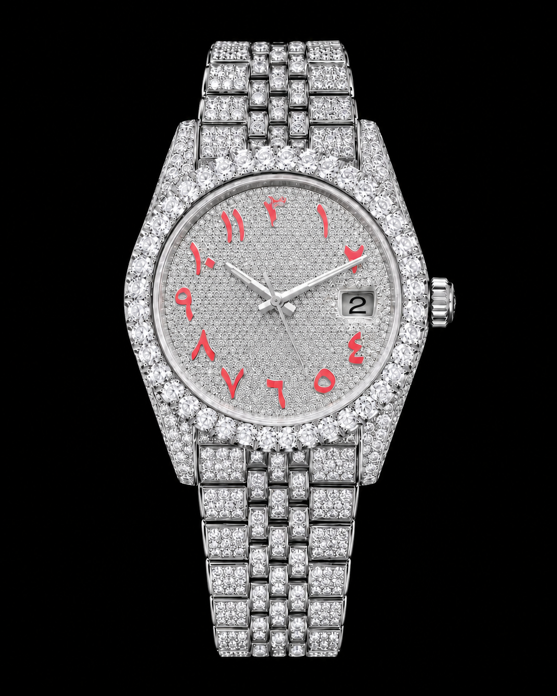 Red Arabic Dial Fully Iced-Out Moissanite Watch – Silver Finish