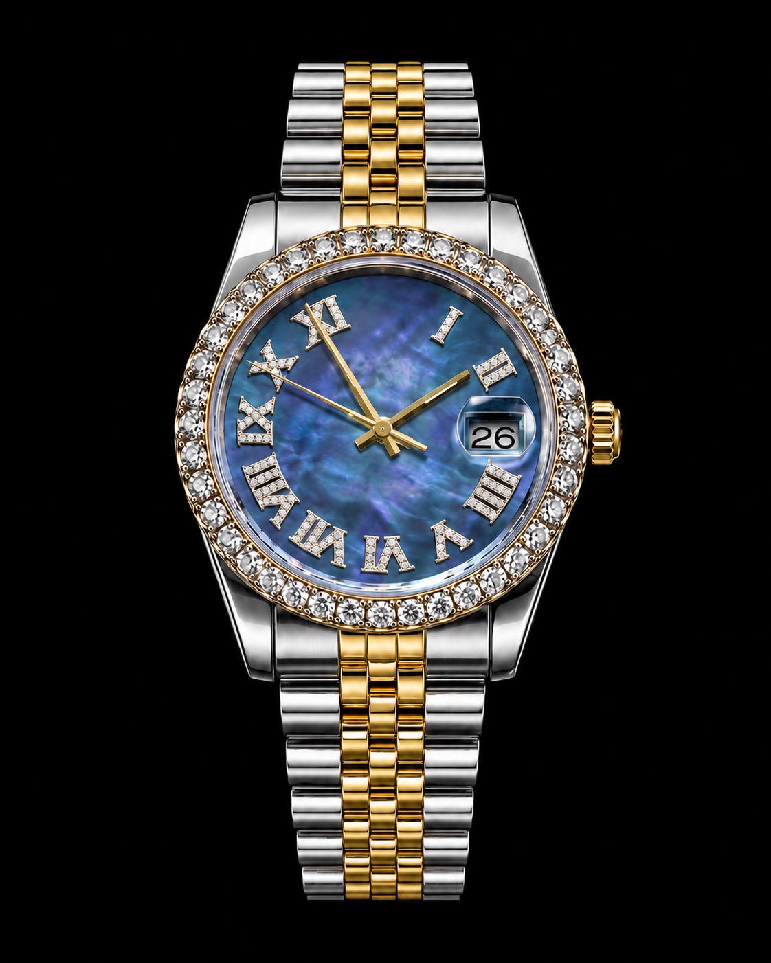 Blue Mother-of-Pearl Two-Tone Moissanite Bezel Watch