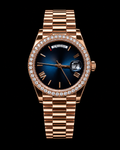 Rose Gold Blue Dial Moissanite Bezel Day-Date Watch