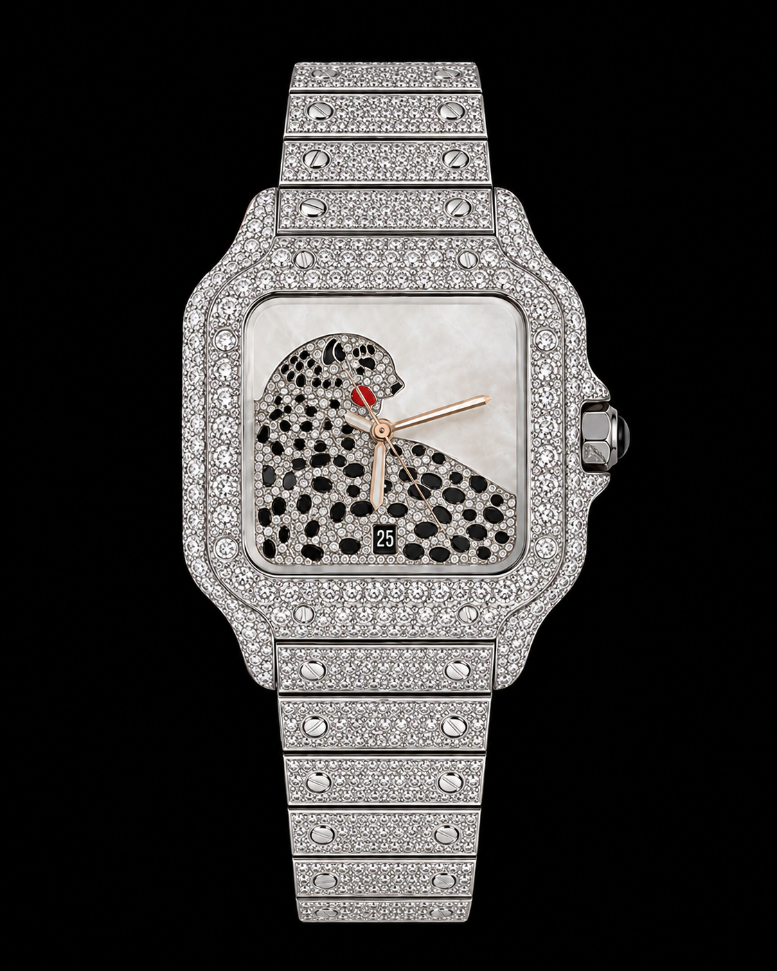 Panther Dial Fully Iced-Out Moissanite Square Watch – Silver Finish