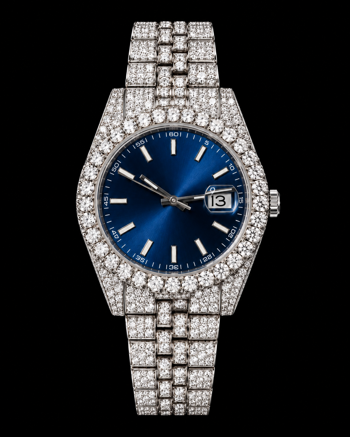 Royal Blue Dial Fully Iced-Out Moissanite Watch – Silver Finish