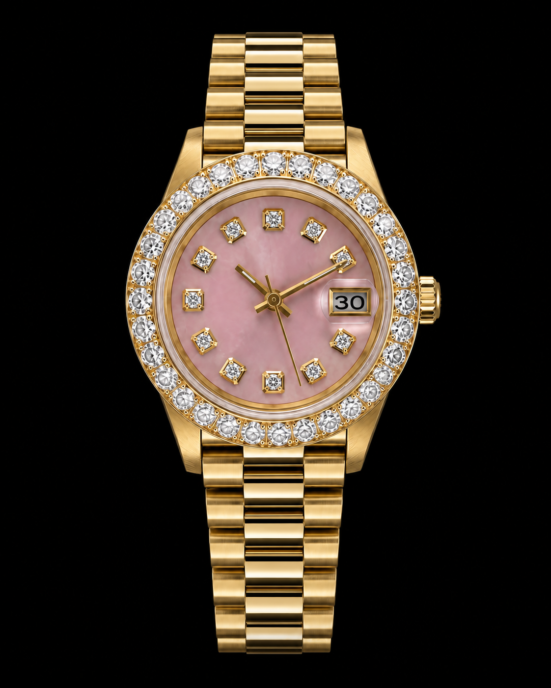 41MM Pink Dial Gold-Tone Moissanite Diamond Watch – Iced Bezel
