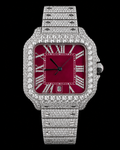 41MM Red Dial Full Moissanite Diamond Square Watch – Silver Iced-Out Edition