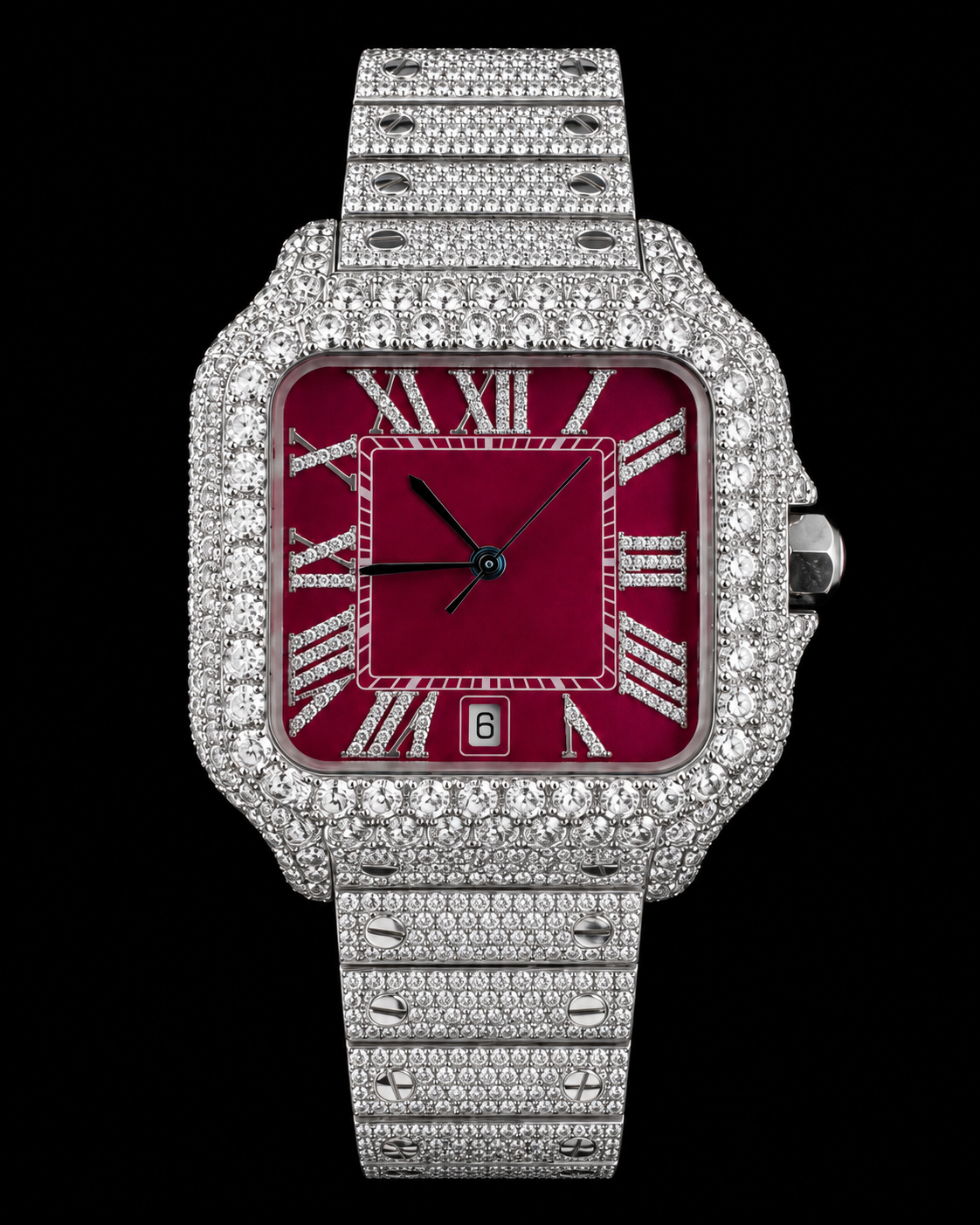 41MM Red Dial Full Moissanite Diamond Square Watch – Silver Iced-Out Edition