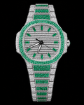 41MM Emerald Green & White Full Moissanite Diamond Watch – Silver Tone