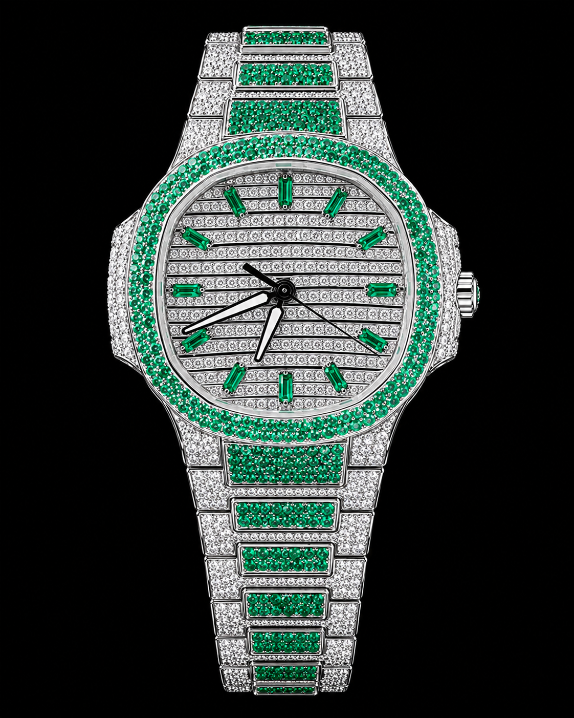 41MM Emerald Green & White Full Moissanite Diamond Watch – Silver Tone