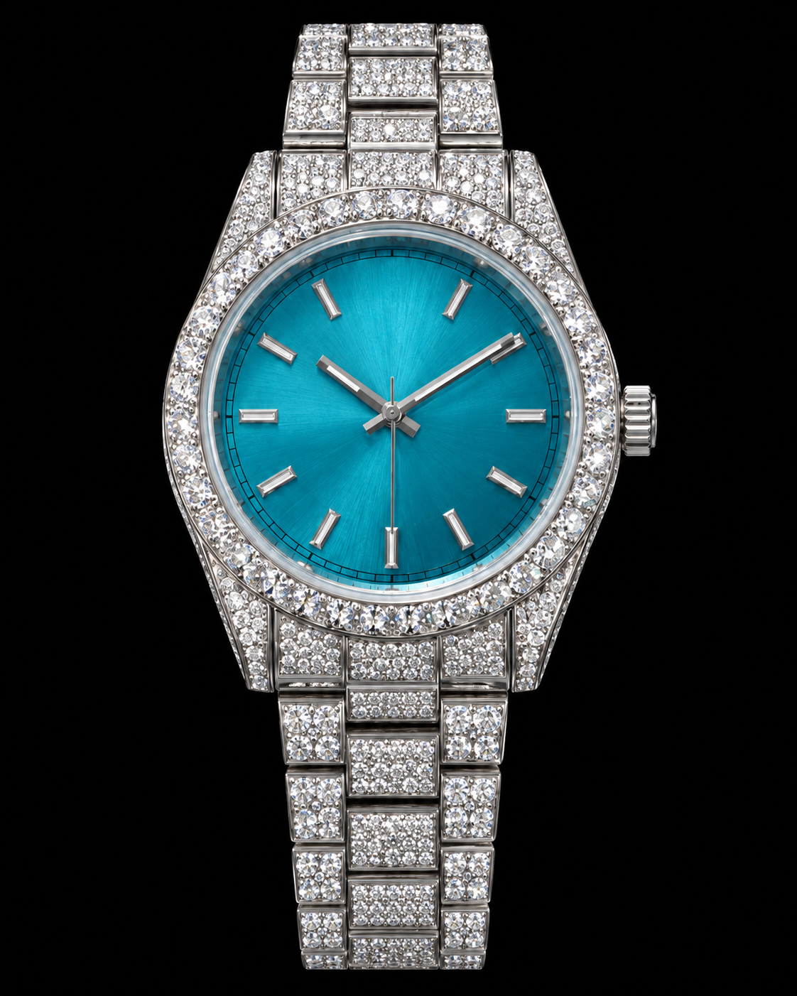 41MM Ice Blue Dial Full Moissanite Diamond Watch – Silver Tone