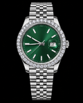41MM Green Dial Moissanite Bezel Watch – Silver Stainless Steel