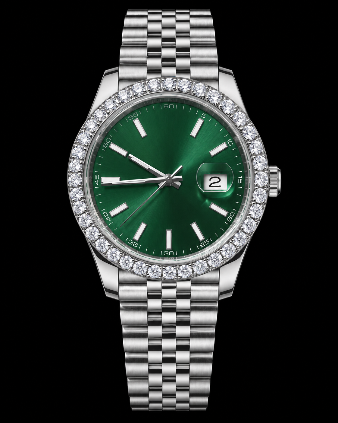 41MM Green Dial Moissanite Bezel Watch – Silver Stainless Steel