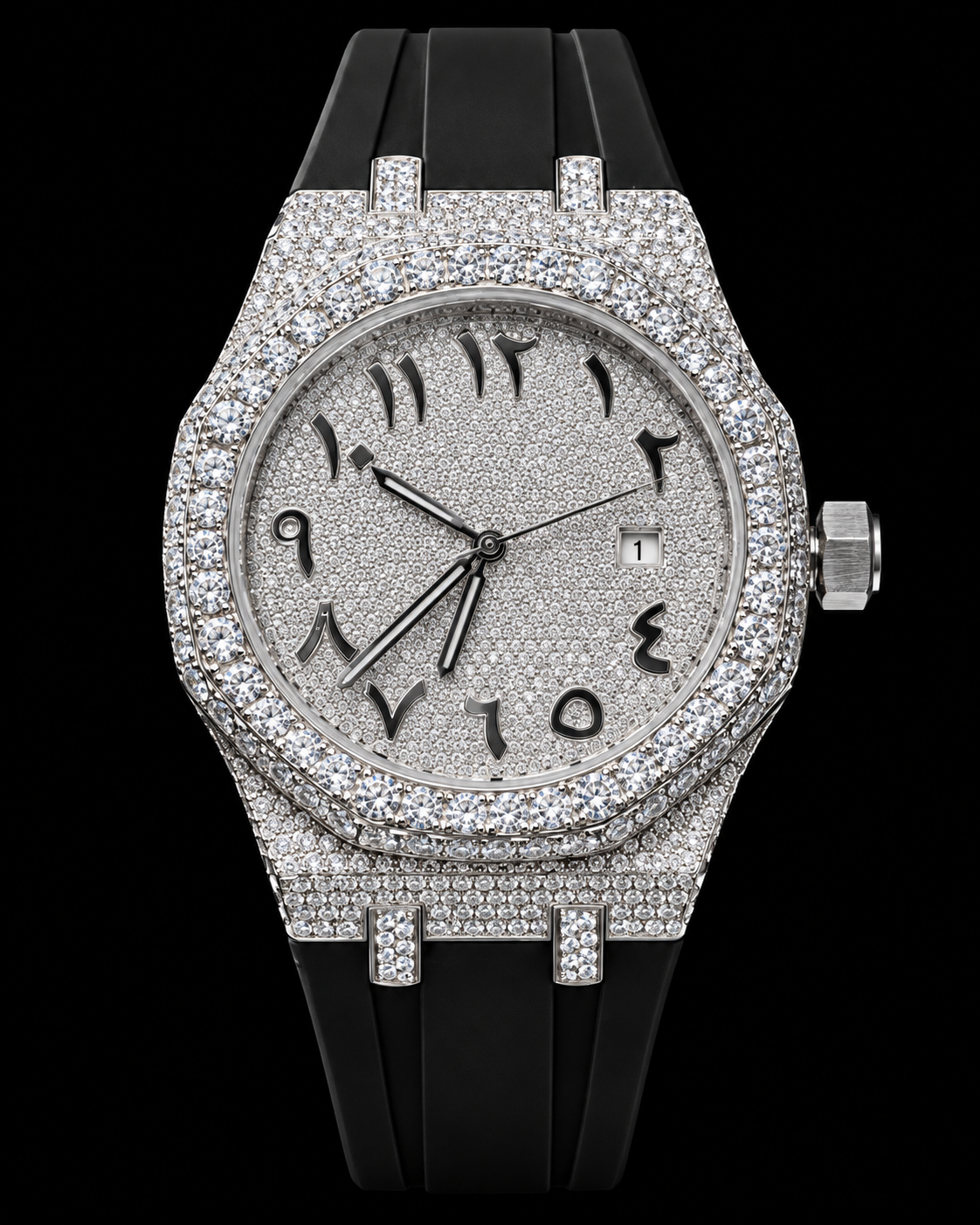 41MM Moissanite Arabic Dial Watch – Black Rubber Strap | Full Iced-Out