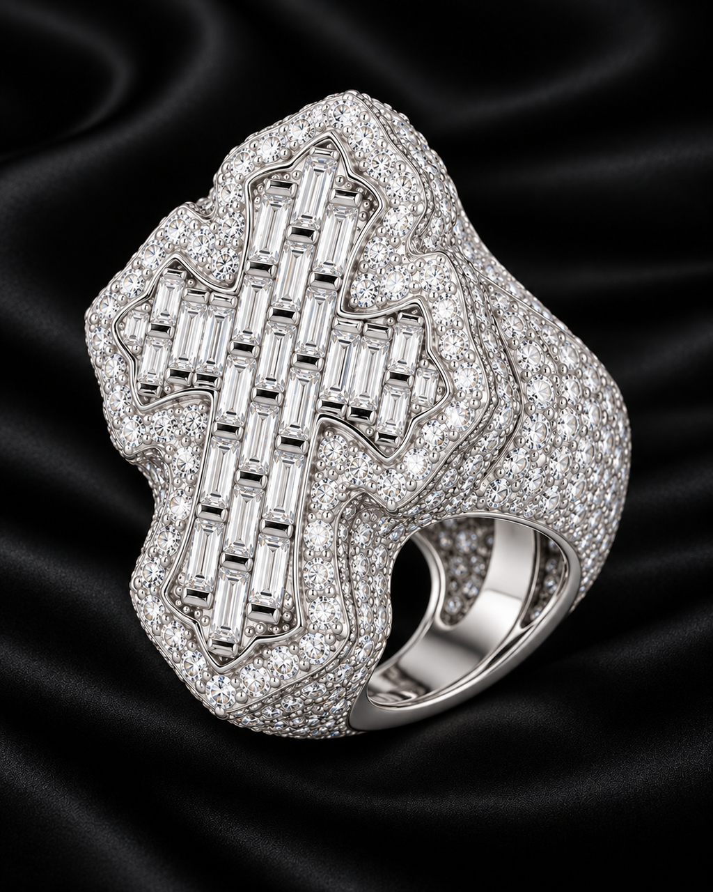 Baguette Cross Statement Ring – VVS Moissanite 925 Sterling Silver Iced-Out Ring