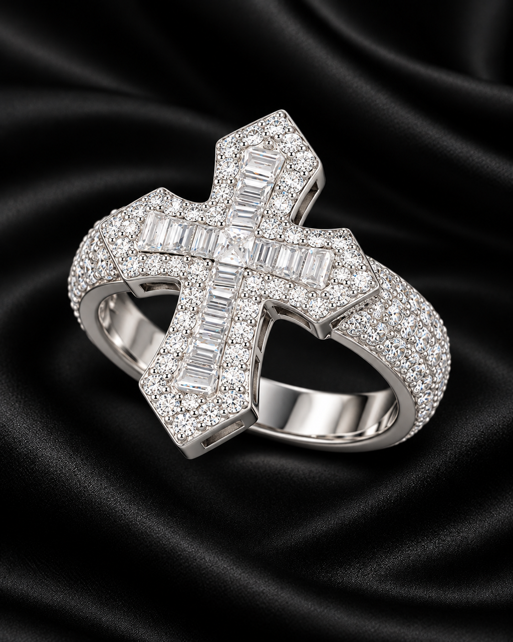 Baguette Cross Moissanite Statement Ring – 925 Sterling Silver