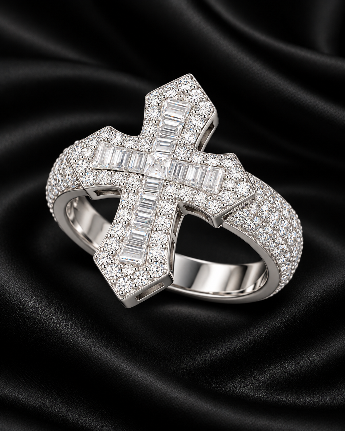 Baguette Cross Moissanite Statement Ring – 925 Sterling Silver