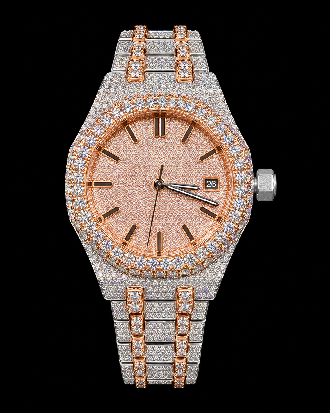 41MM Rose Gold & Silver Moissanite Watch – Full Iced-Out Edition