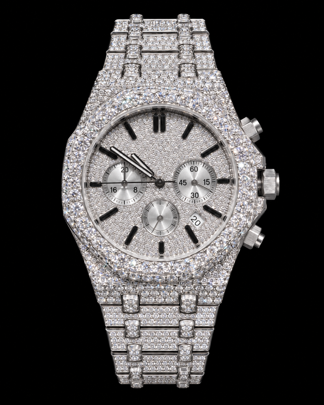 41MM Full Moissanite Chronograph Watch – Silver Iced-Out Edition