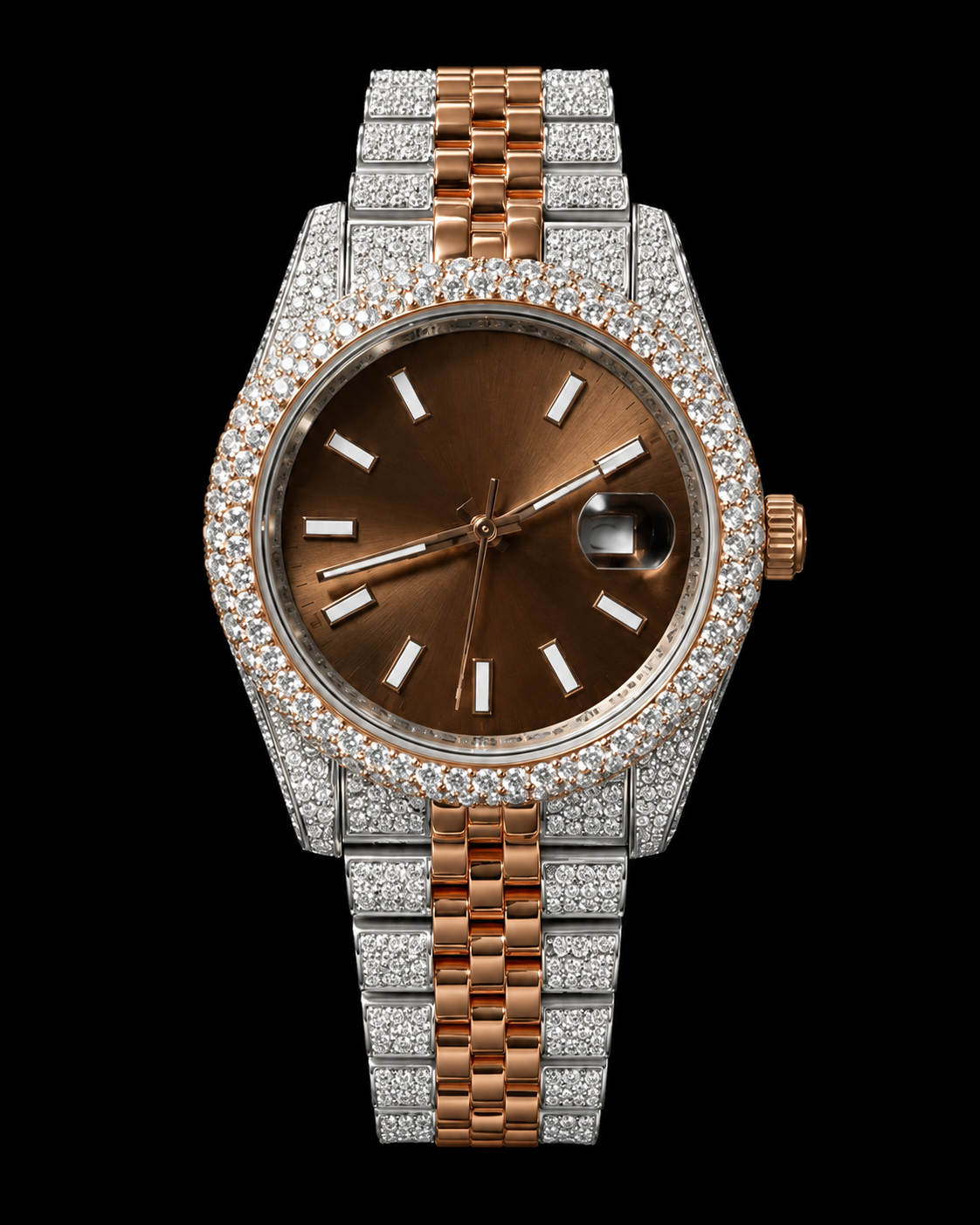 41MM Two-Tone Moissanite Diamond Watch – Chocolate Dial