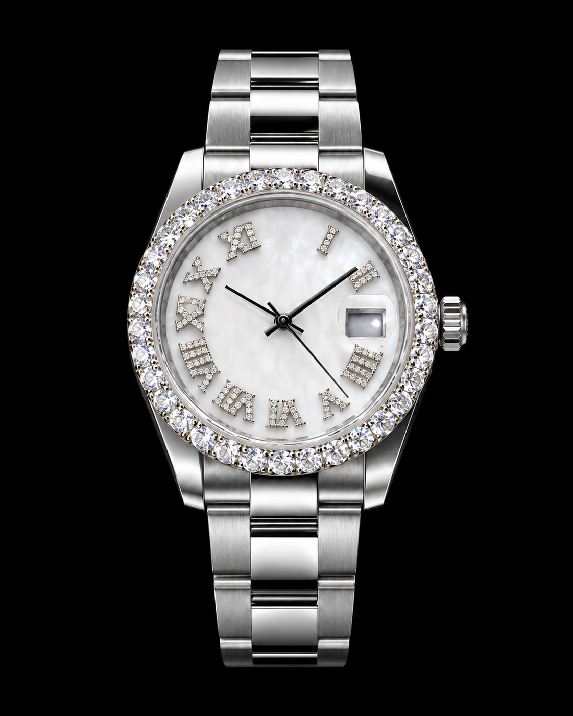41MM Moissanite Bezel Watch – Mother of Pearl Dial & Silver Bracelet
