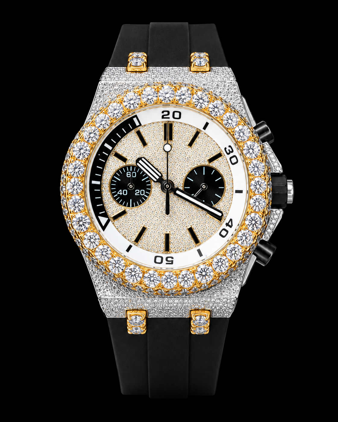 41MM Two-Tone Iced-Out Moissanite Chronograph Watch – Black Rubber Strap