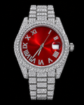 41MM Red Dial Full Iced-Out Moissanite Watch – Silver Tone
