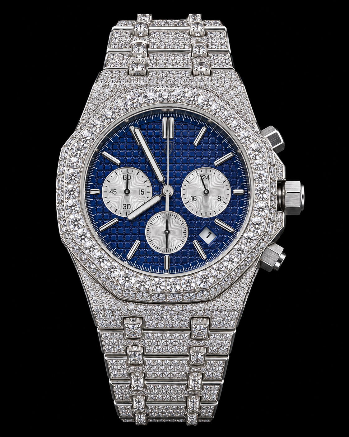 41MM Full Iced-Out Moissanite Chronograph Watch – Royal Blue Dial