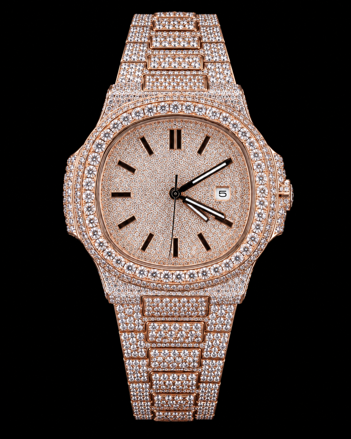 41MM Rose Gold Full Iced-Out Moissanite Watch – Pave Dial & Bracelet