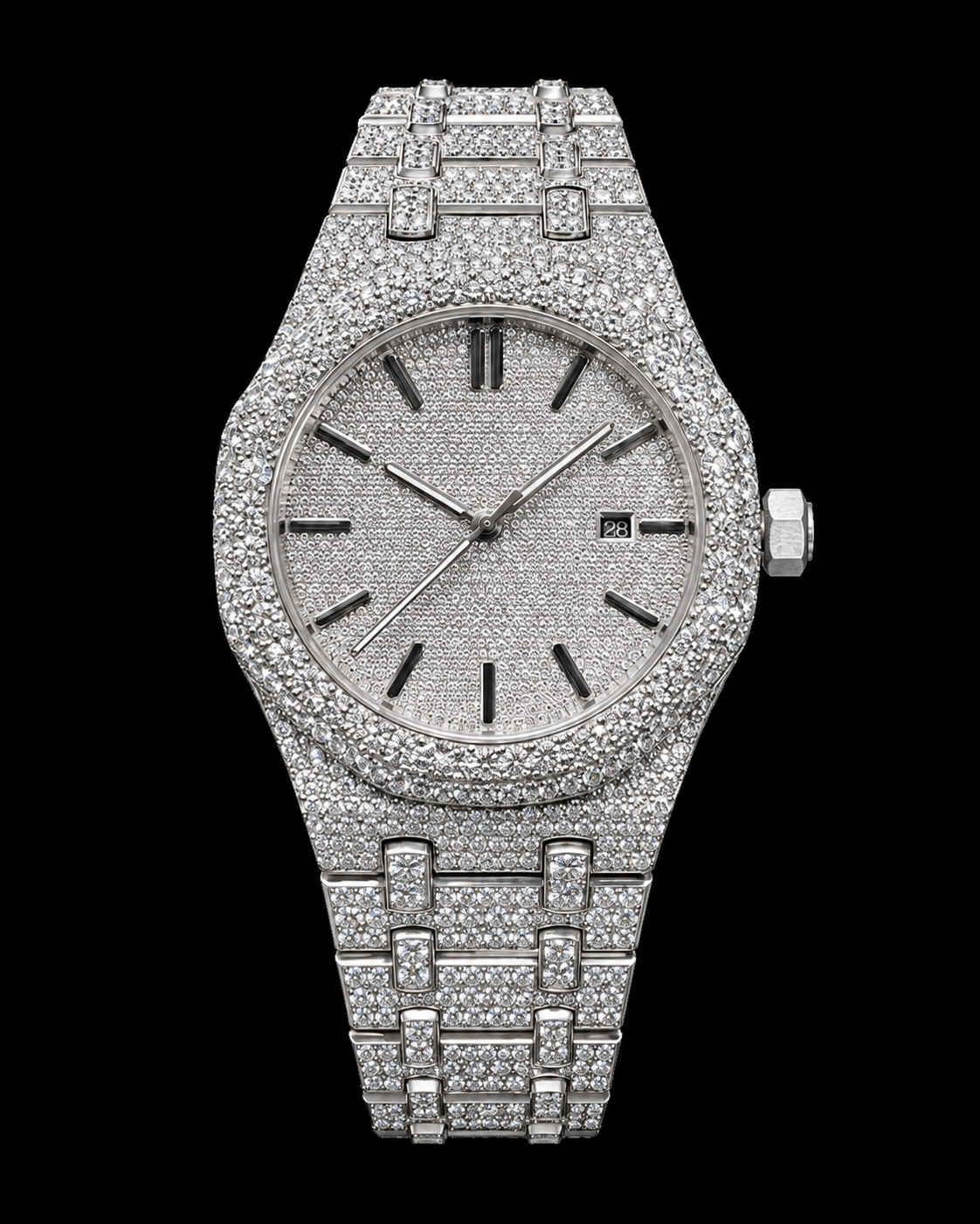 41MM Full Iced-Out Moissanite Watch – Silver Pave Dial & Bracelet