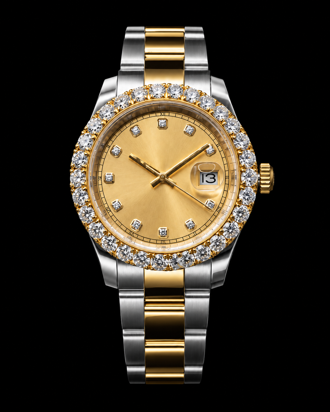 Two-Tone Moissanite Bezel Watch – Gold Dial & Diamond Hour Markers