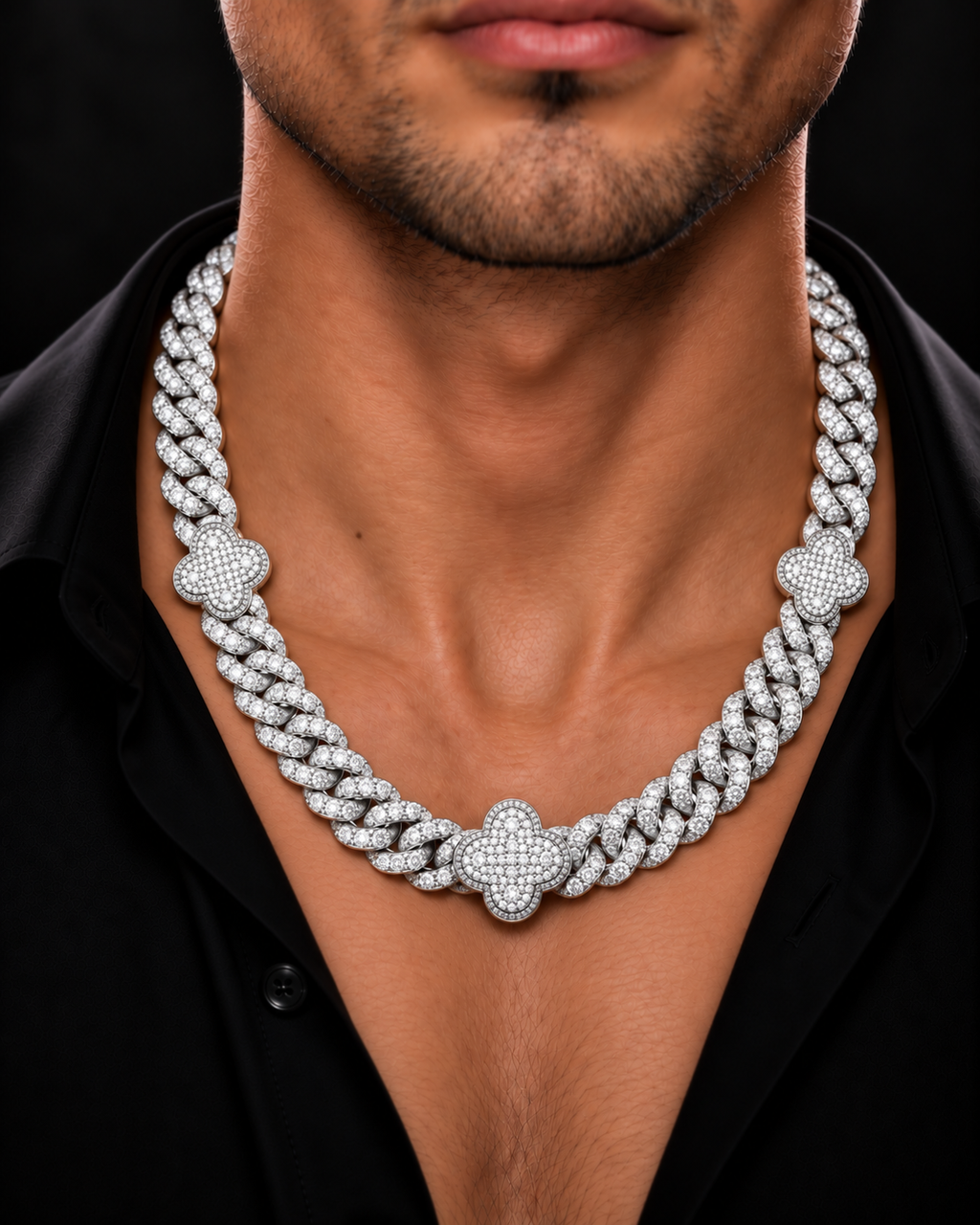 VVS Moissanite Clover Cuban Link Chain – White Gold Finish Iced Out Necklace
